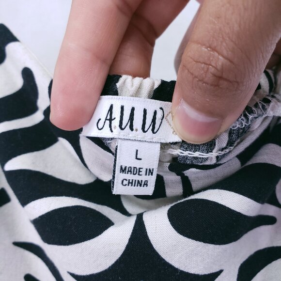 AUW Black White Floral Spaghetti Strap Maxi Dress Spanish Style Geometric L - Picture 4 of 15